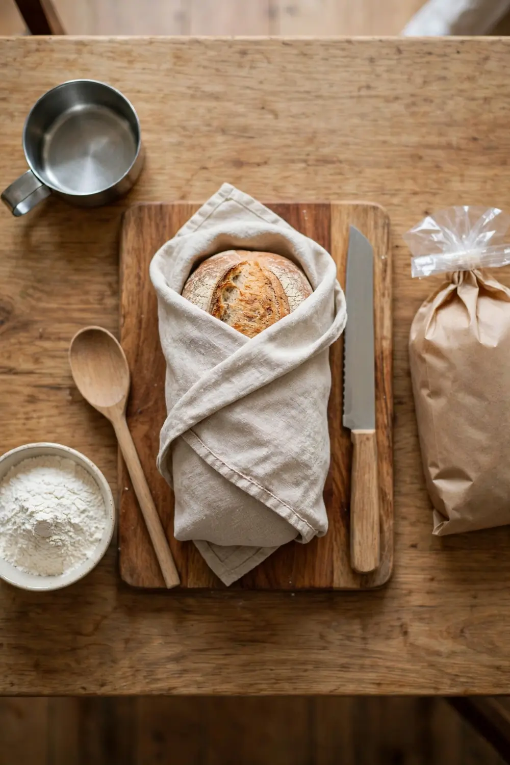 Homemade bread wrapped in a linen towel
A linen towel wraps the loaf gently, and the cloth keeps the crust soft. Wrap the bread snug, and tuck the ends under. A towel wrap is a simple fix, and it works every single time you use it.