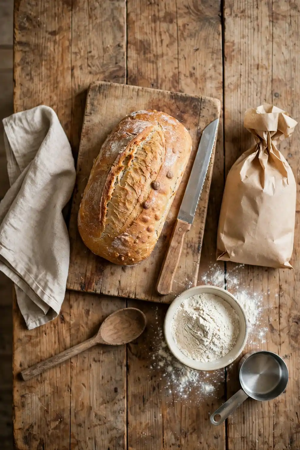 Unsliced homemade bread on a cutting board with a knife
An unsliced loaf stays soft longer, and the crust protects the crumb. Slice only what you need, and leave the rest whole. Less cutting means less air, and the bread stays soft.