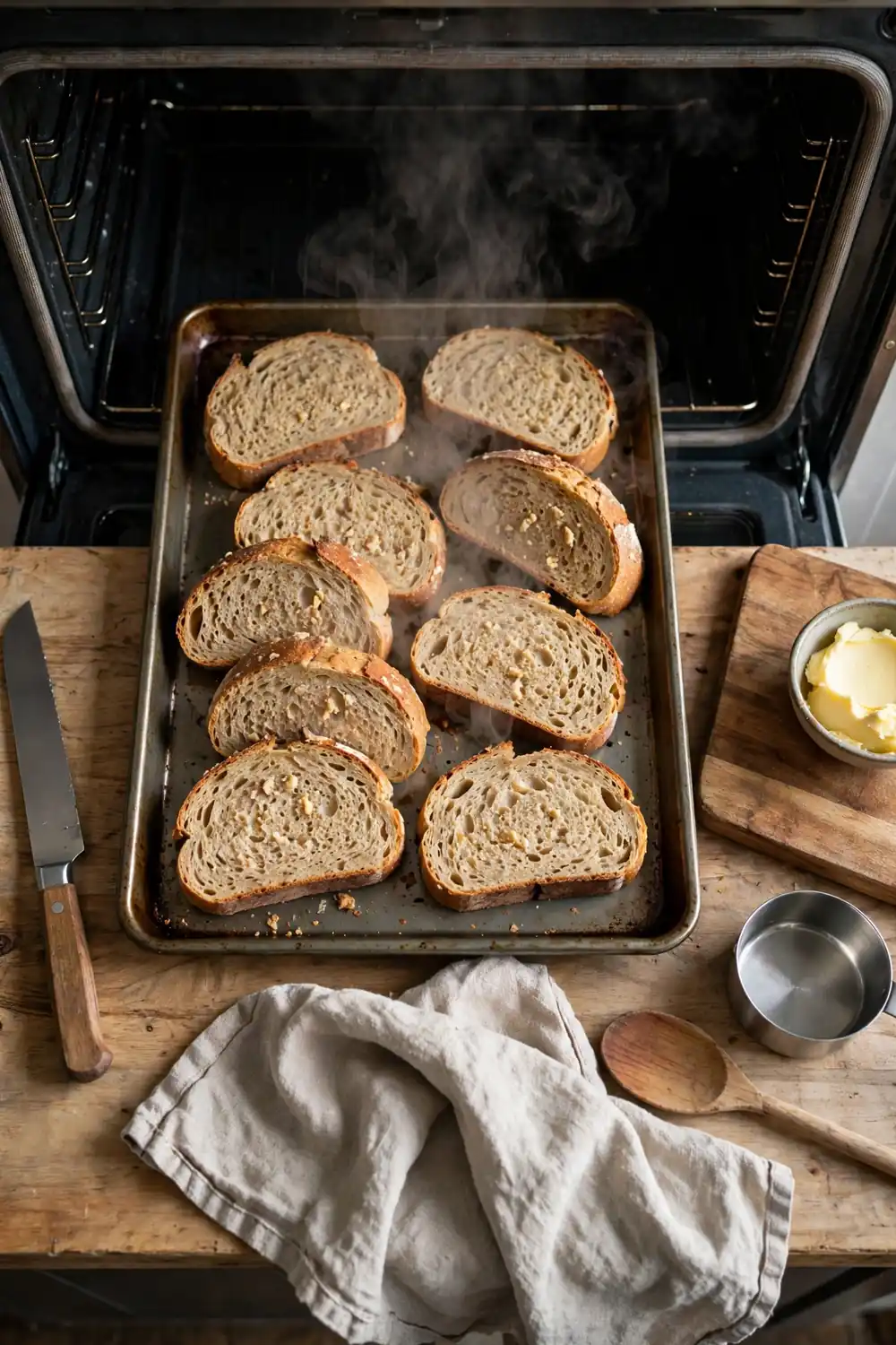 Homemade bread slices warming in a low oven
Gentle heat softens hard bread, and the crumb turns soft again. Warm the slices in a low oven, and check them often. Reheating is a quick fix, and it works every single time you use it.