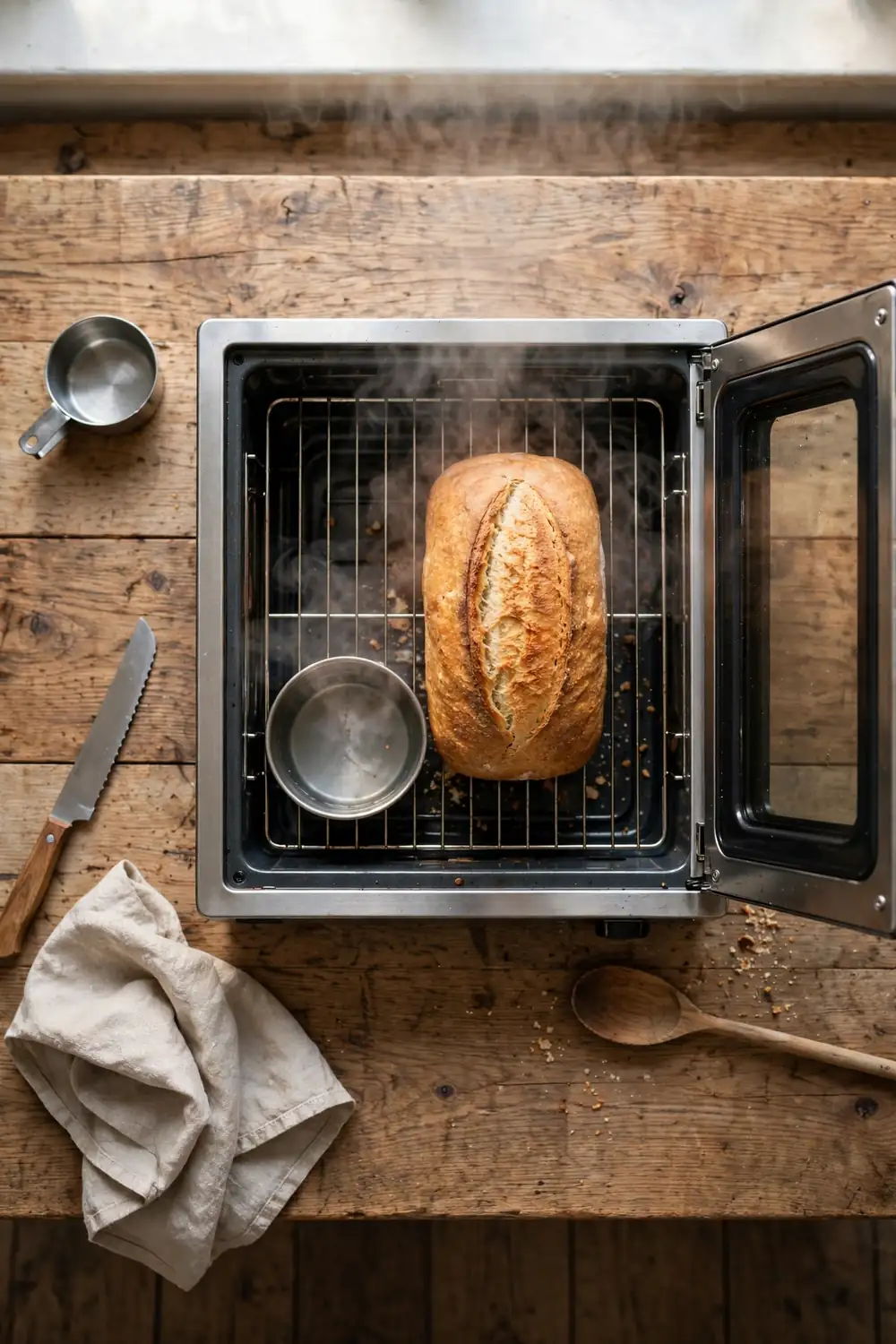 Homemade bread reheating in an oven with steam
Steam adds moisture back to hard bread, and the crust turns soft. Place a small pan of water in the oven, and warm the loaf gently. Steam is a quick fix, and it works every single time you use it.