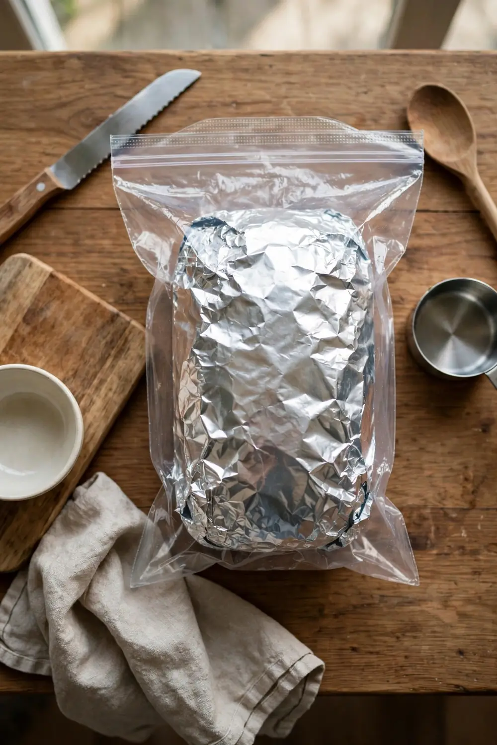 Homemade bread wrapped in foil in a freezer bag
Freezing stops the bread from turning hard, and the loaf stays fresh. Wrap the loaf tight in foil, and place it in a freezer bag. Freezing is a simple fix, and it works every single time you use it.
