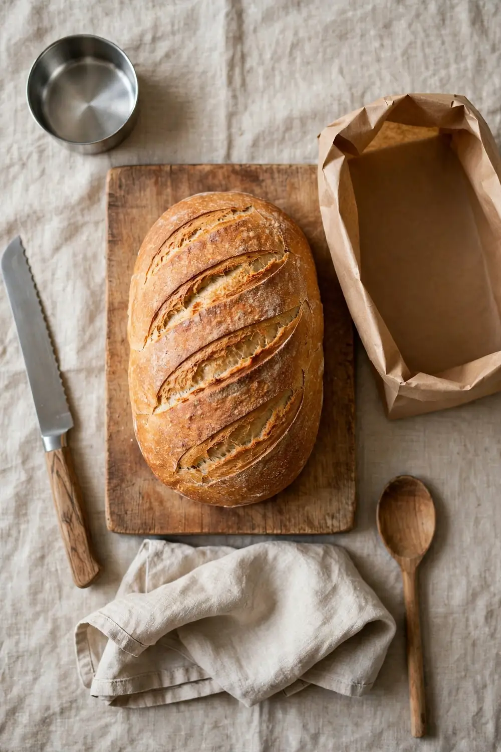 Uncovered homemade bread turning hard beside an open bag
Leaving bread uncovered is the biggest mistake, and the loaf turns hard fast. Air dries the crumb, and the crust turns tough. Cover the bread right away, and the loaf stays soft.
