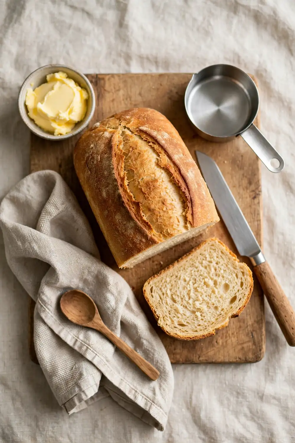 Homemade bread with golden crust and soft crumb
Soft bread shows a golden crust, and the crumb springs back when pressed. The slices feel moist, and the crust stays tender. Soft bread looks inviting, and the flavor stays mild.