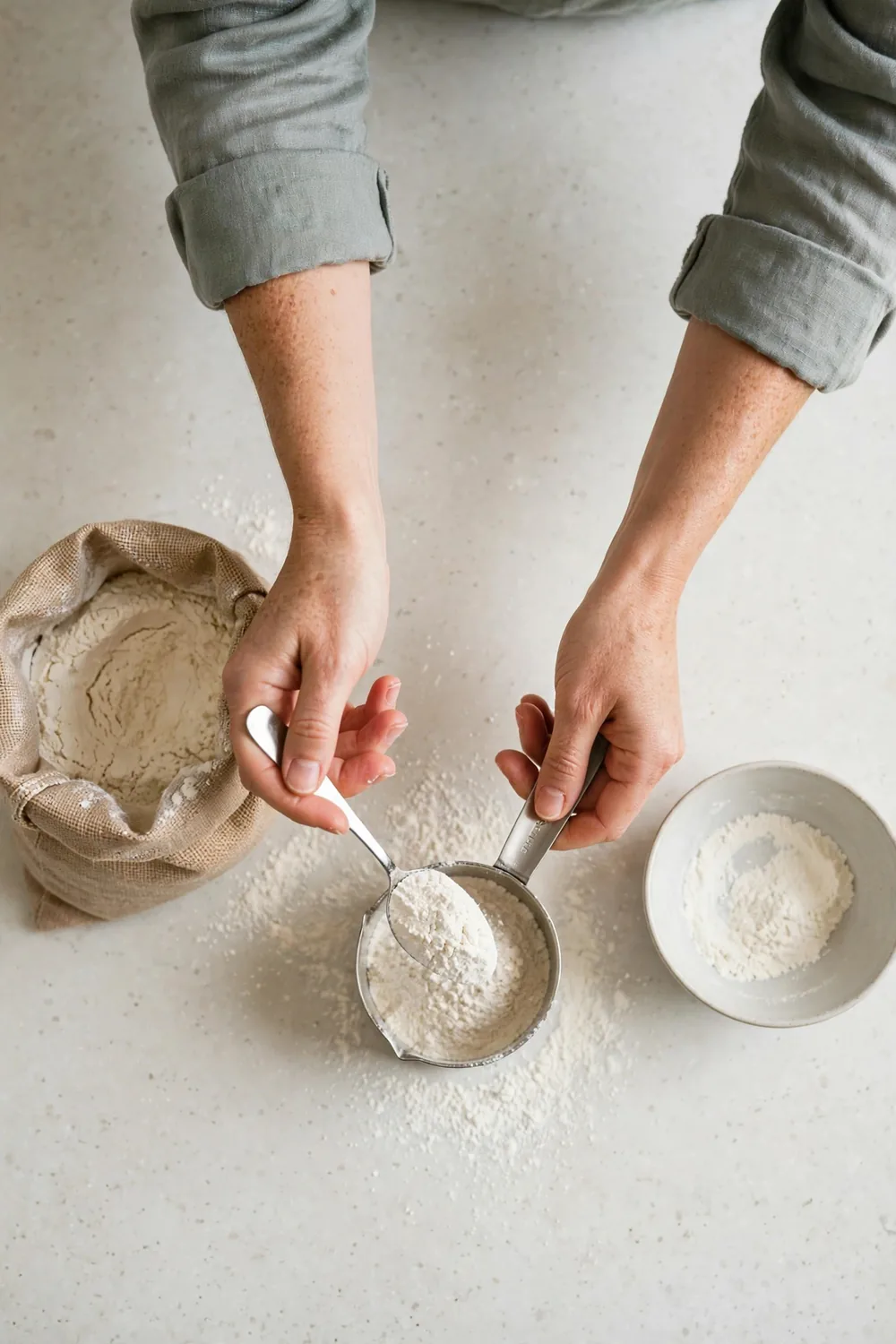 Hands scooping flour into a measuring cup on a kitchen counter