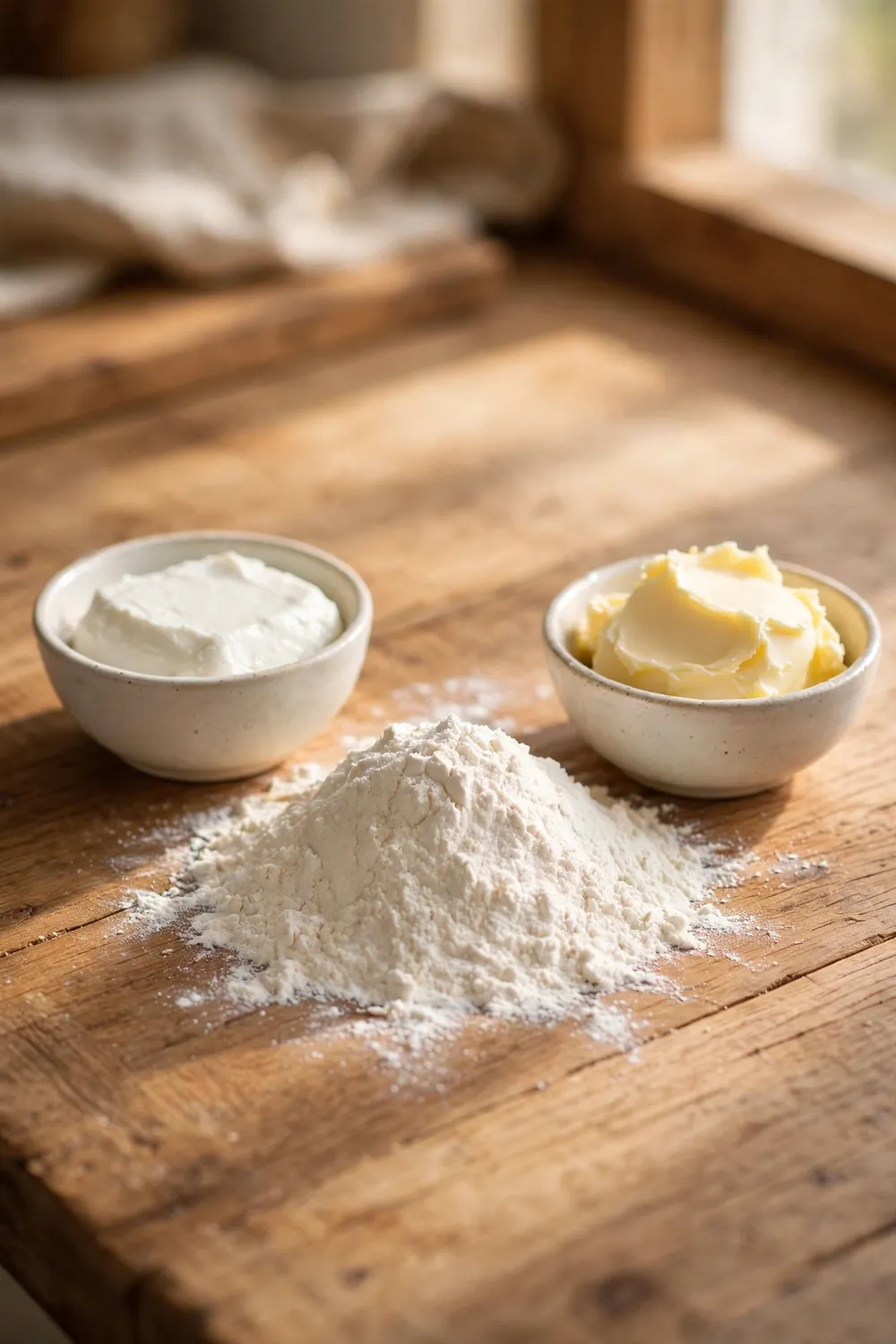 Lard and butter in small bowls beside flour on a counter