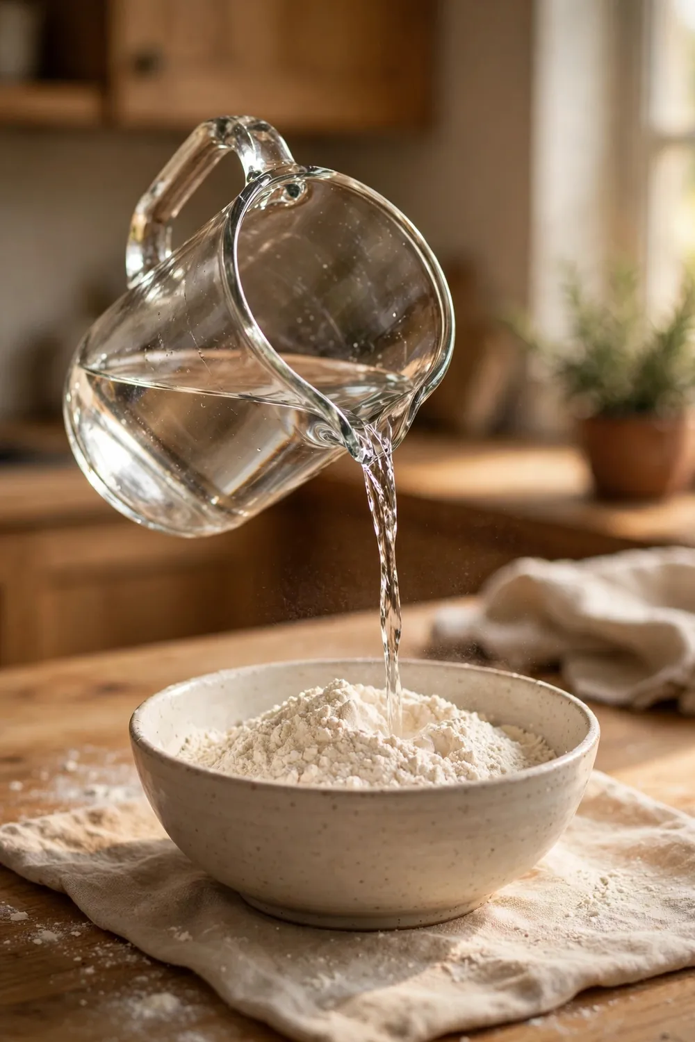 Warm water being poured into flour in a mixing bowl
