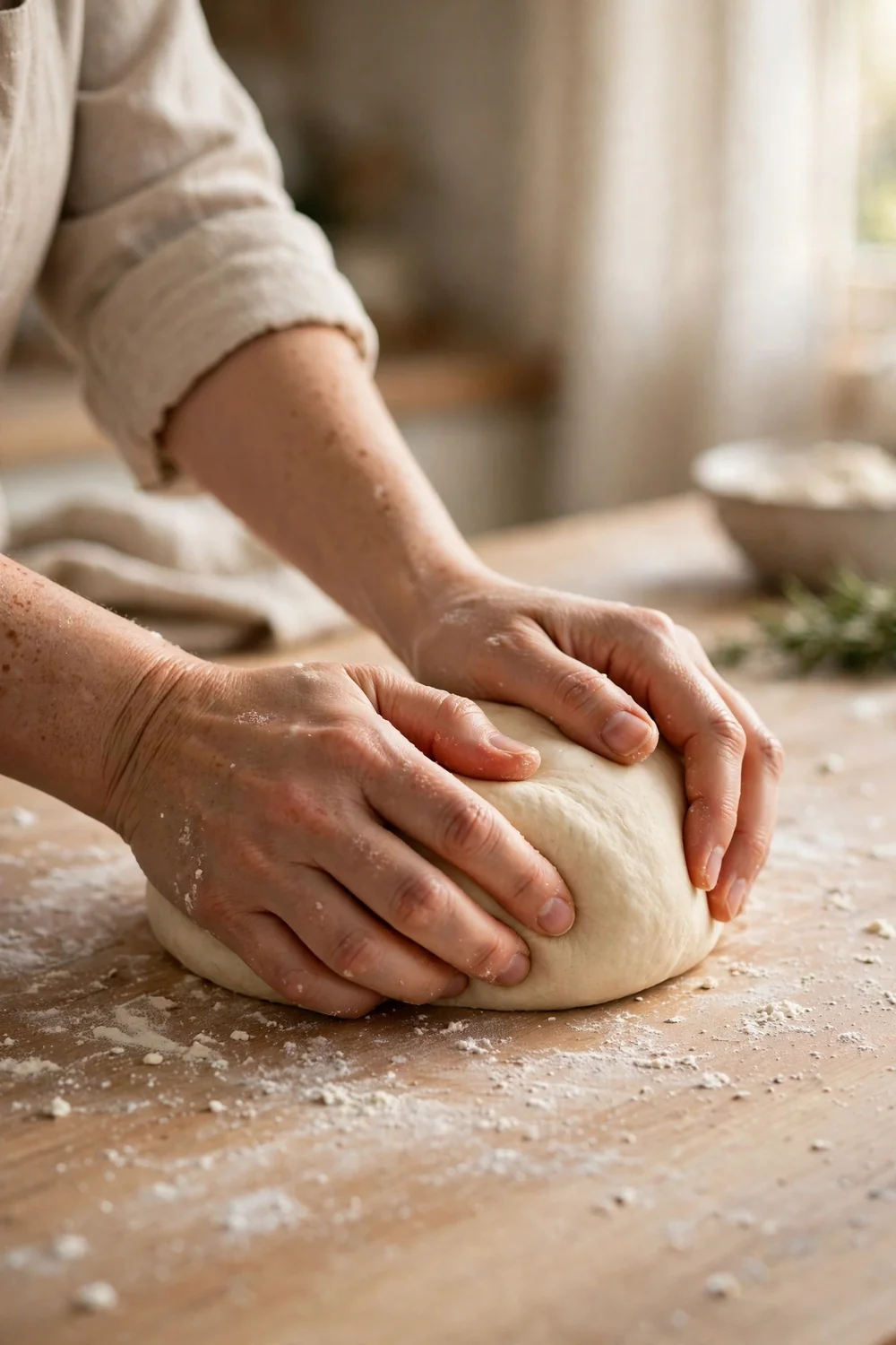Hands kneading soft tortilla dough on a floured counter