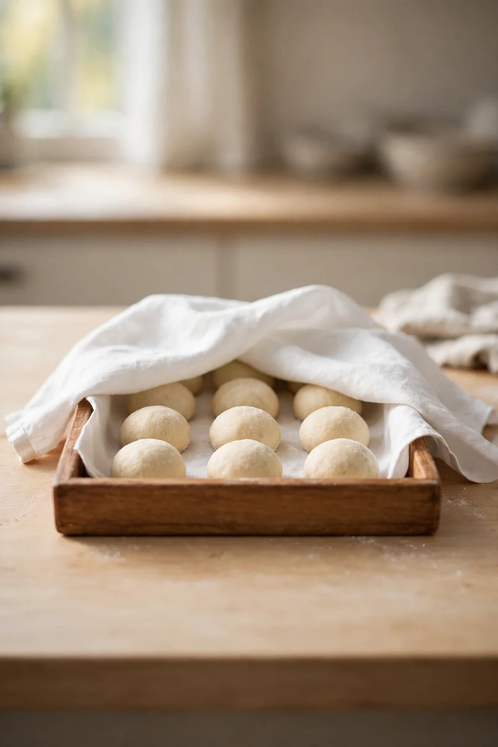 Tortilla dough balls resting under a cloth on a counter