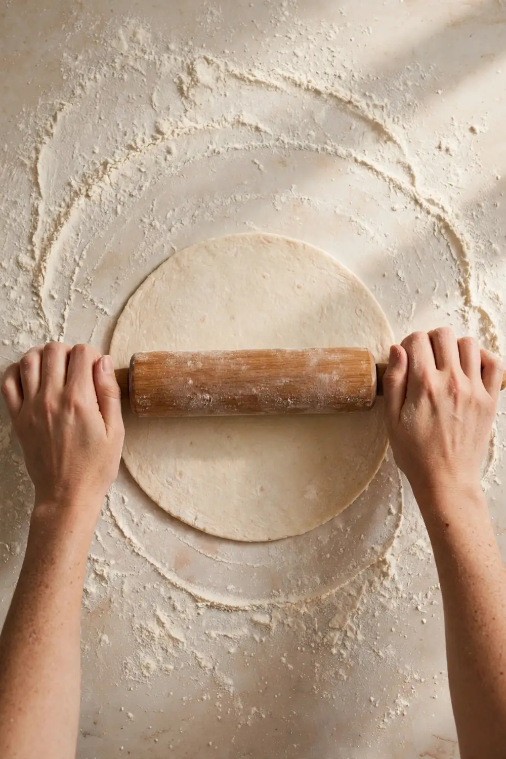 Hands rolling a tortilla thin with a rolling pin