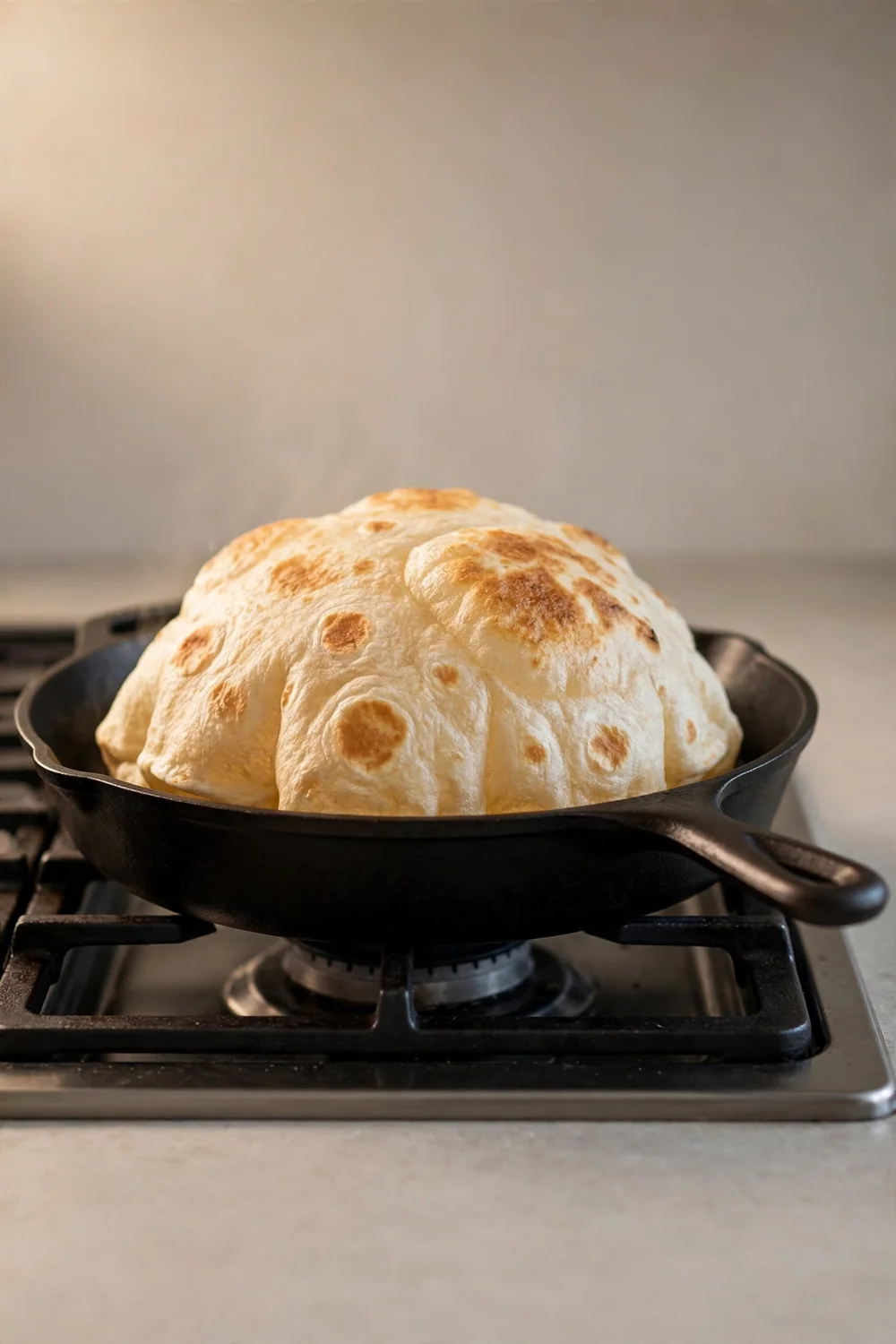 Tortilla puffing on a hot cast iron skillet