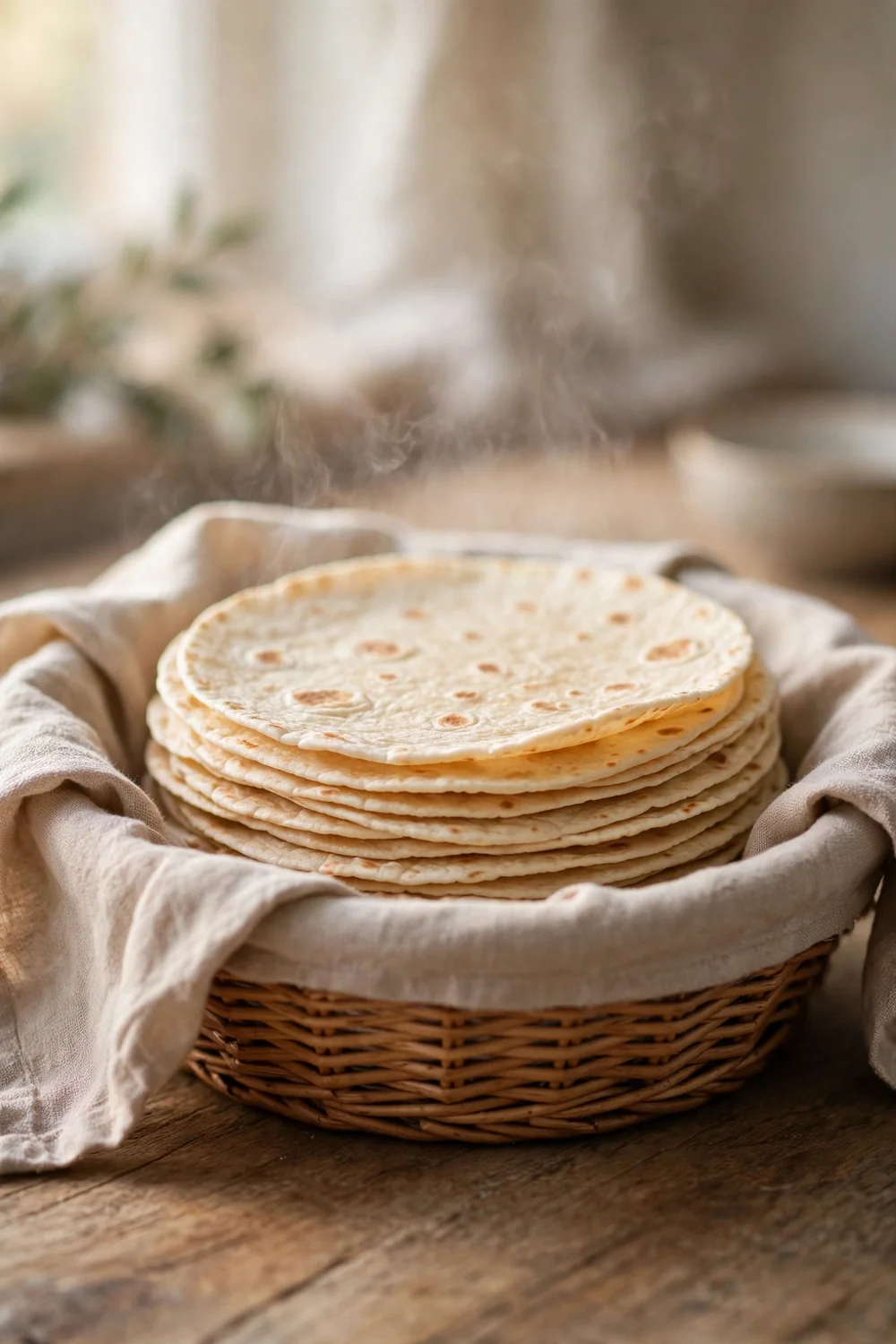 Soft tortillas stacked in a cloth lined basket