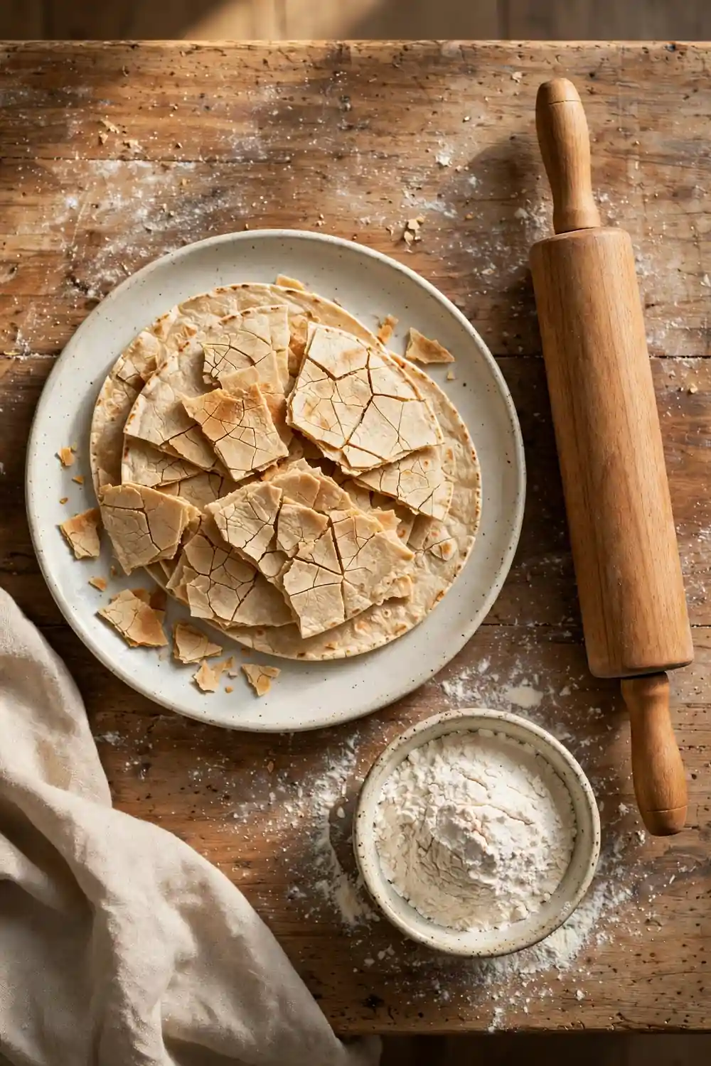 Dry stiff tortillas beside baking tools on a counter