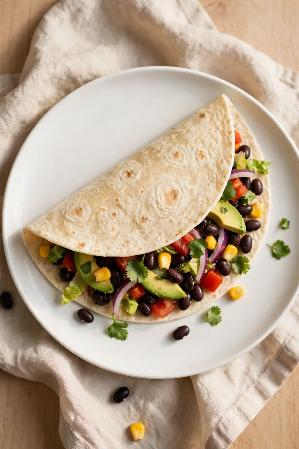 Soft warm tortilla folded on a plate with fillings
