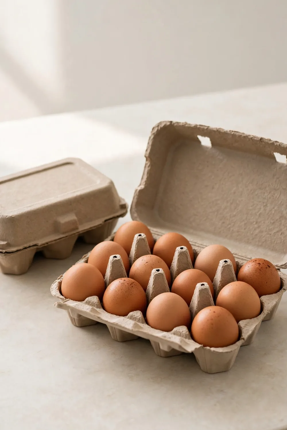 Carton of older eggs beside fresh eggs on a kitchen counter