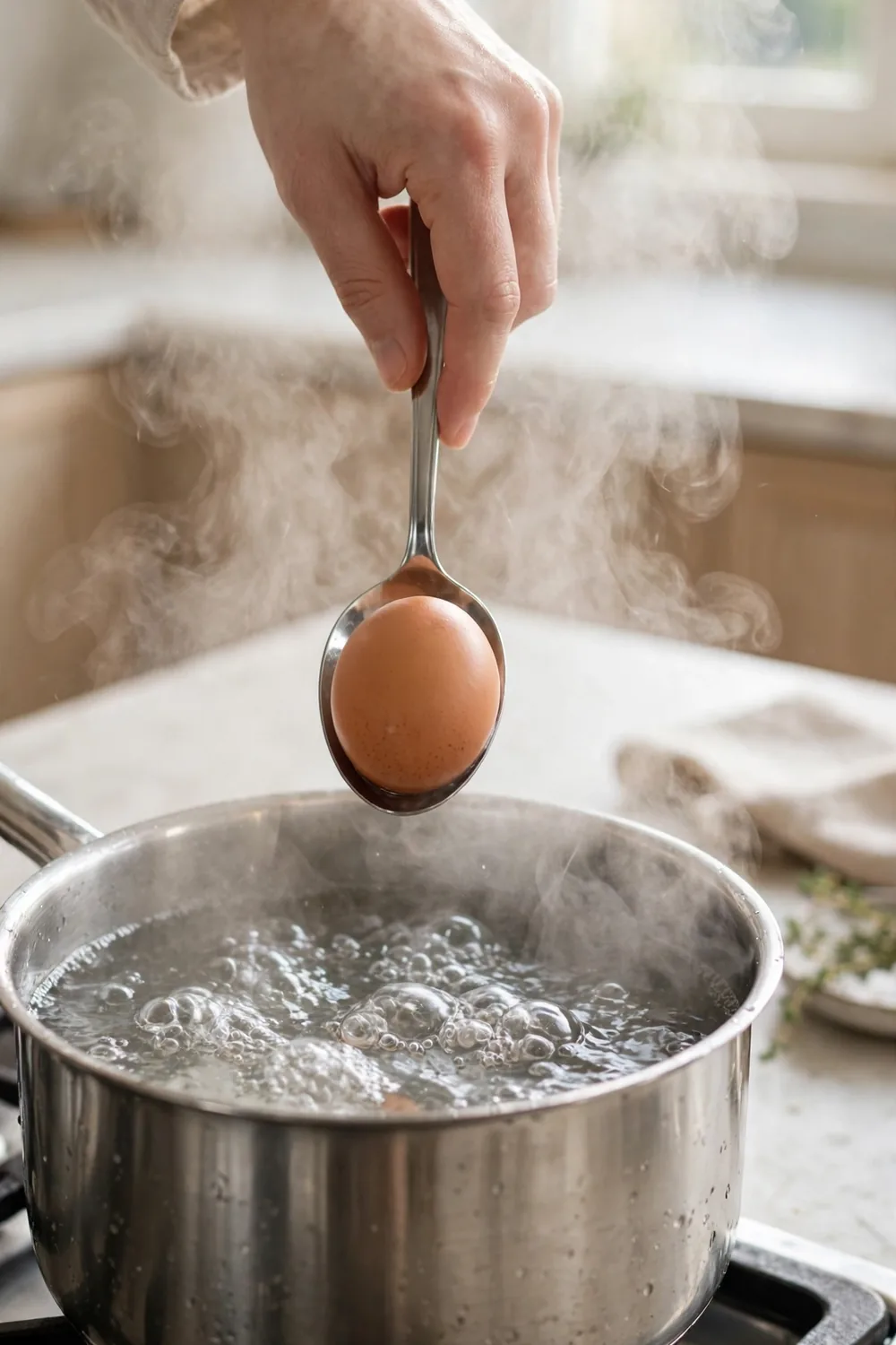 Eggs lowered into a pot of rolling boiling water with a spoon