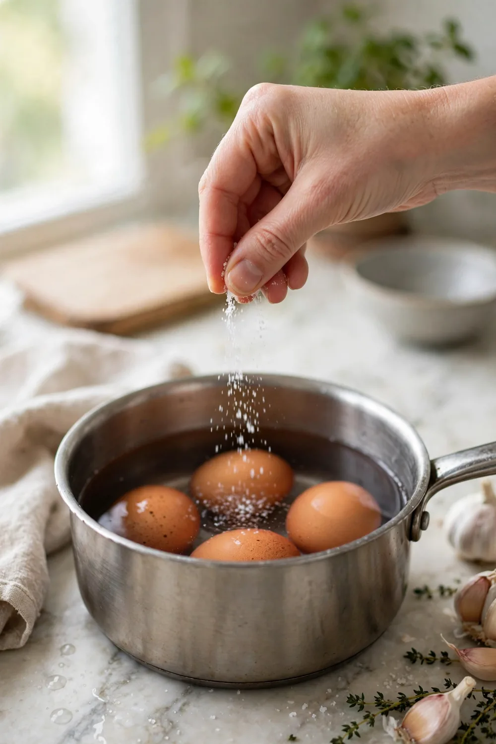 Pinch of salt sprinkled into a pot of water with eggs