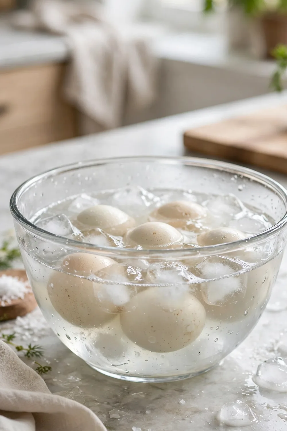 Boiled eggs cooling in a bowl of ice water