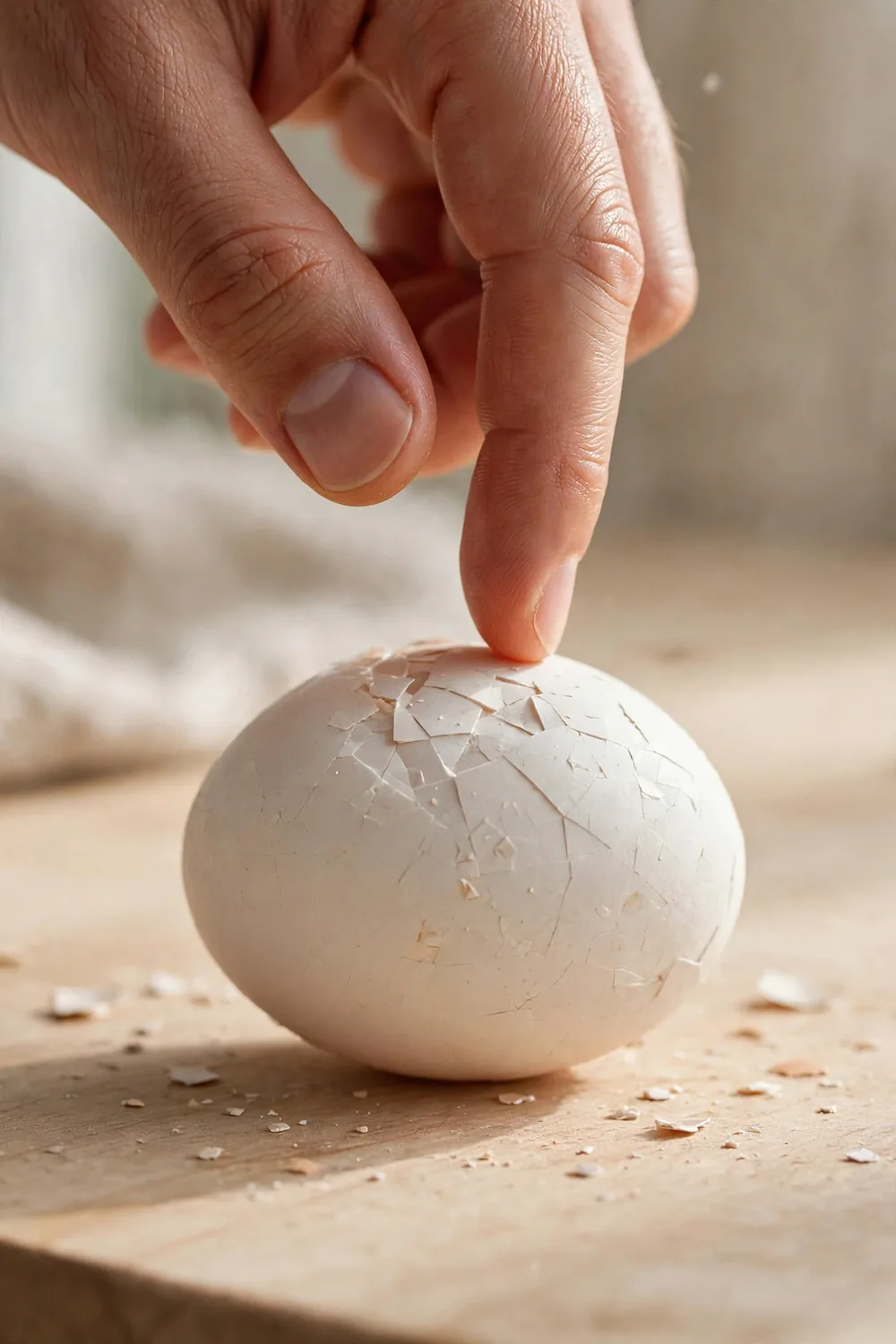 Hand cracking a boiled egg shell all over on a counter