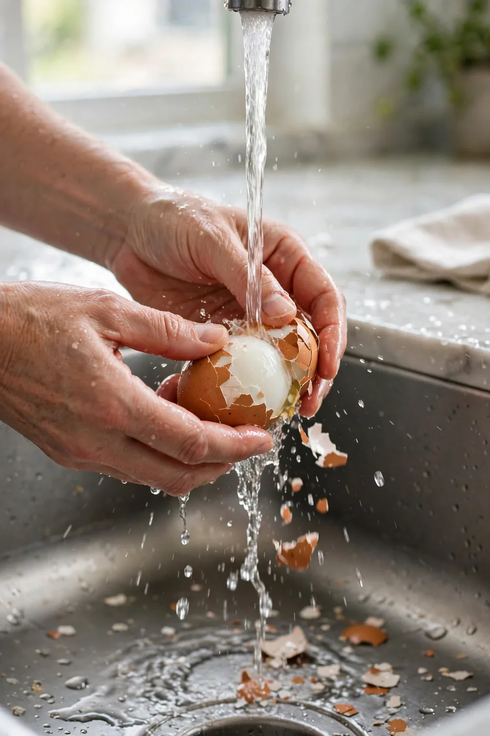 Boiled egg peeled under running water in a kitchen sink
