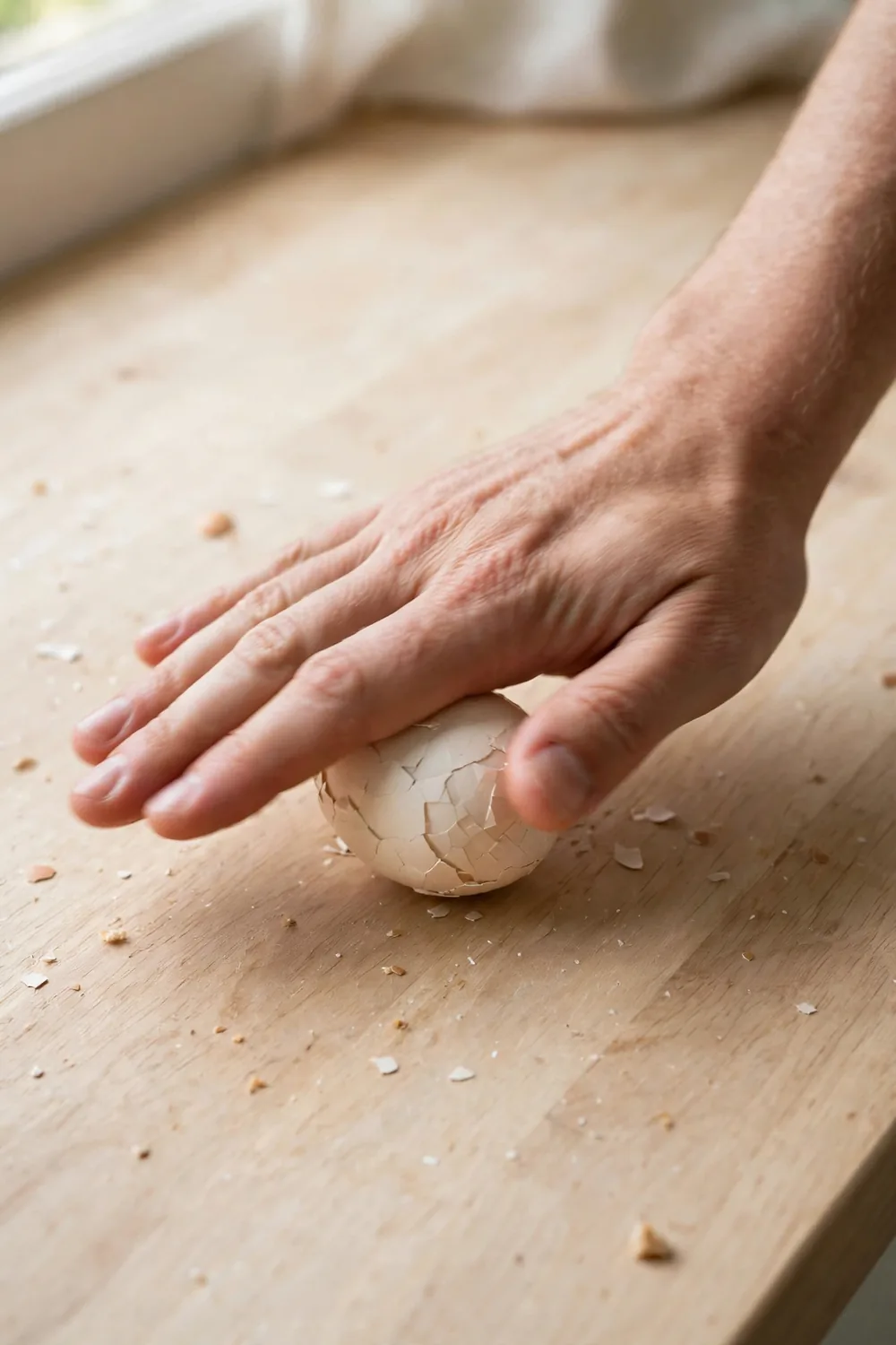 Hand rolling a boiled egg gently on a wooden counter