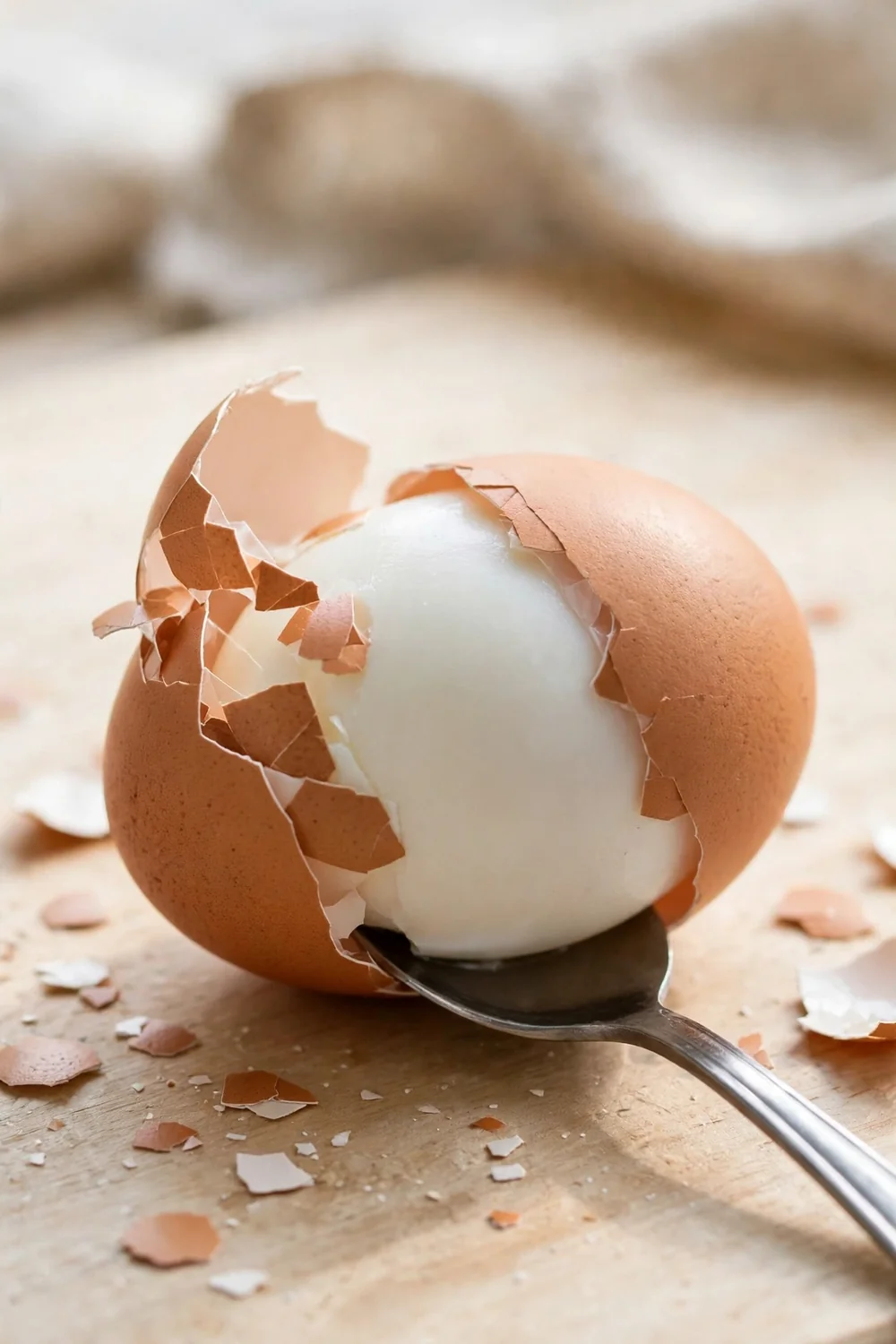 Teaspoon sliding under the shell of a boiled egg