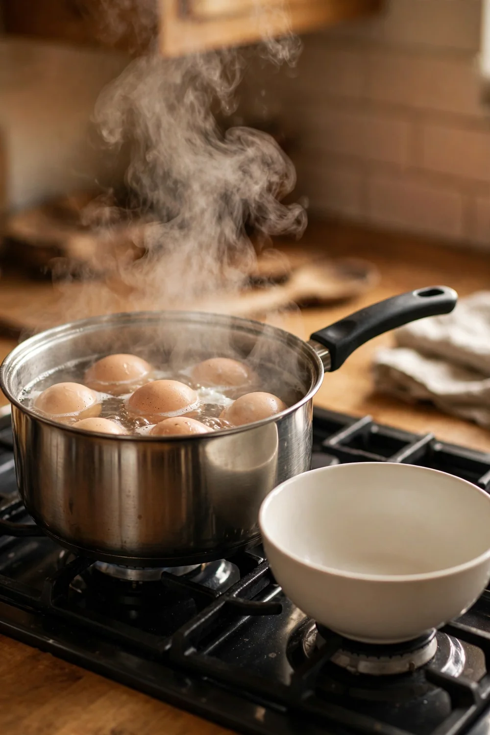 Hot boiled eggs steaming in a pot without an ice bath