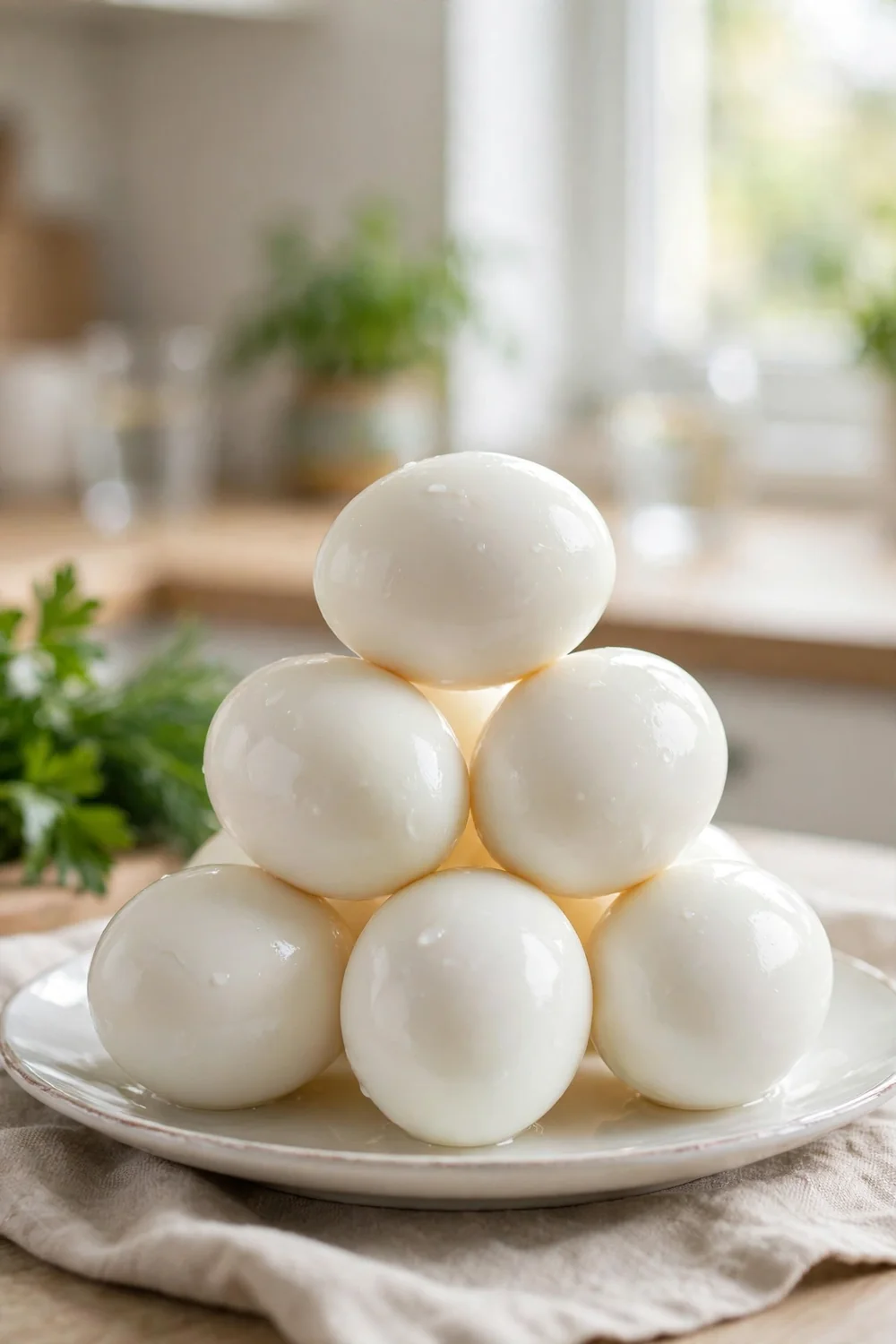 Smooth peeled boiled eggs stacked on a plate