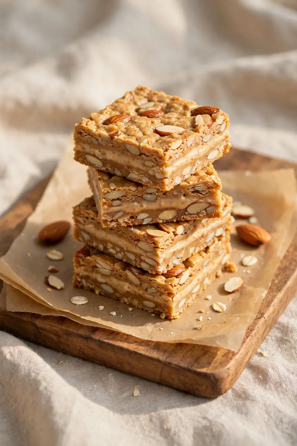 Classic almond butter protein bars stacked on parchment with whole almonds