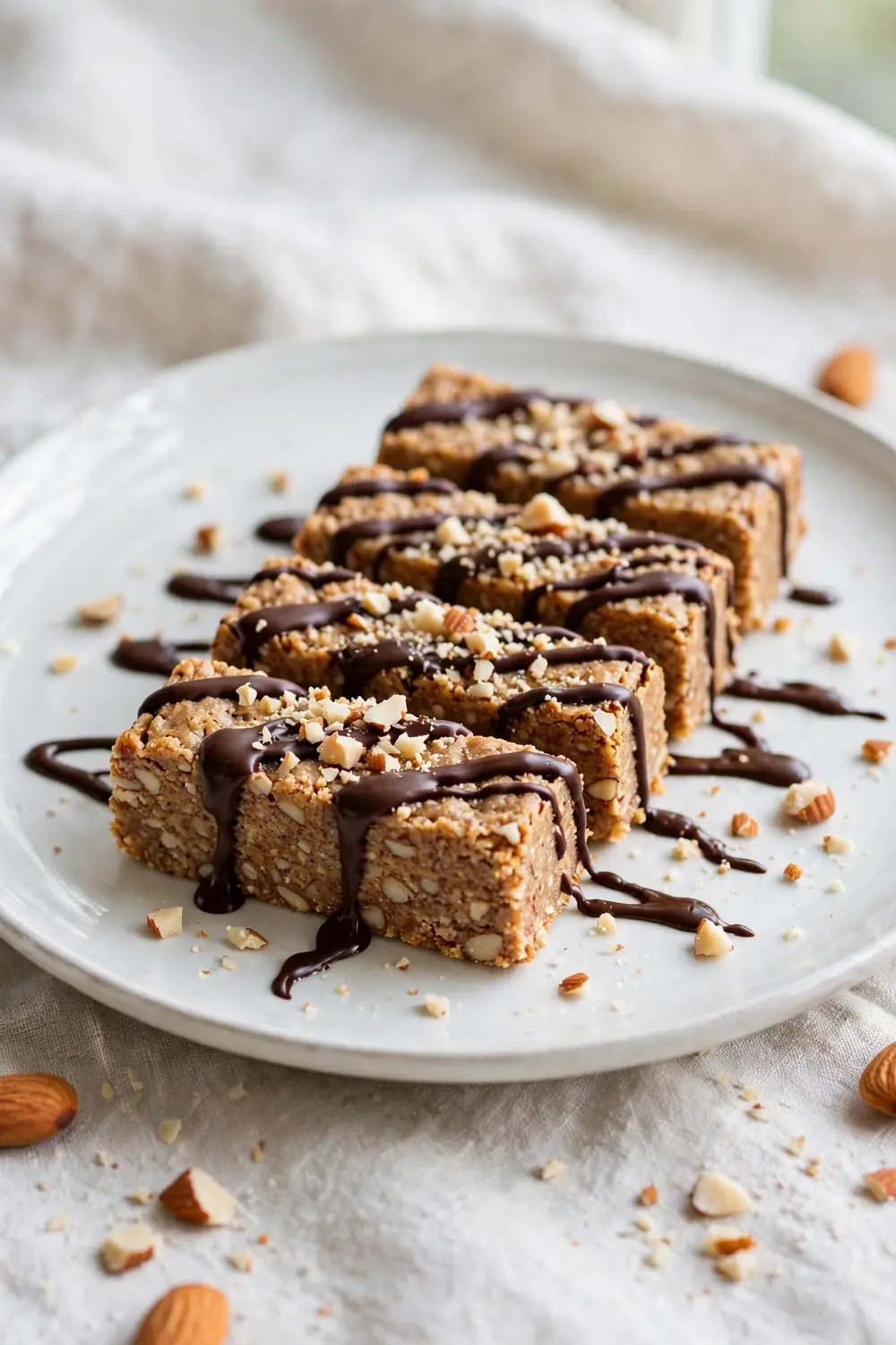 Almond butter protein bars with dark chocolate drizzle on a white plate