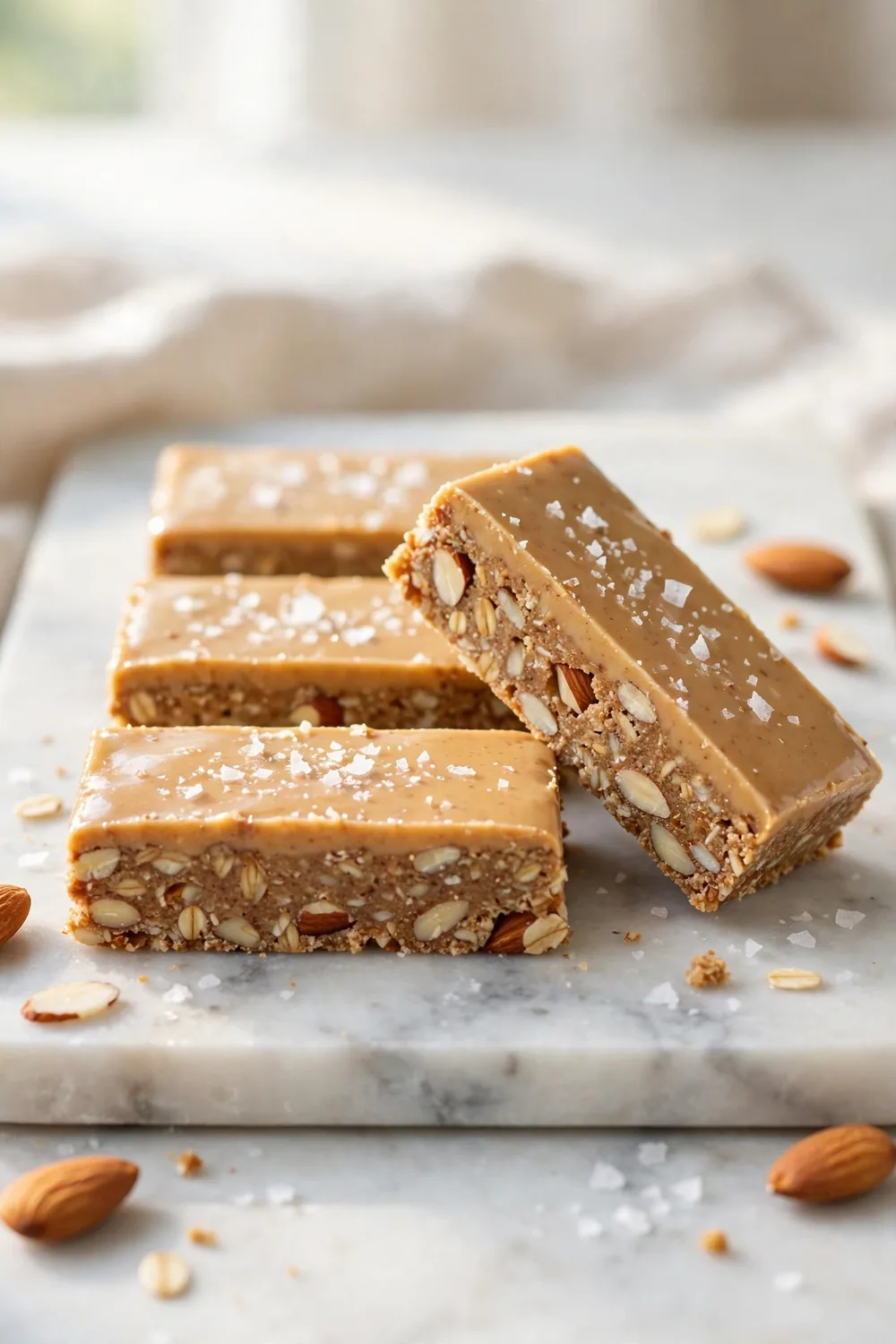 Almond butter protein bars with flaky sea salt on a marble slab