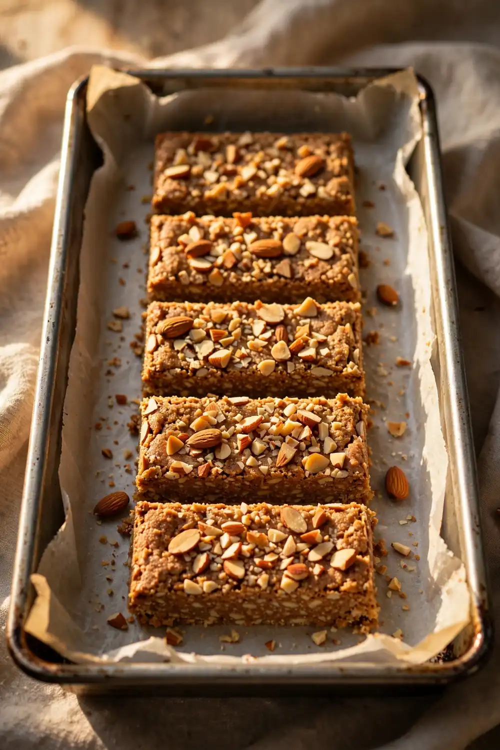 Almond butter protein bars topped with chopped almonds in a baking pan