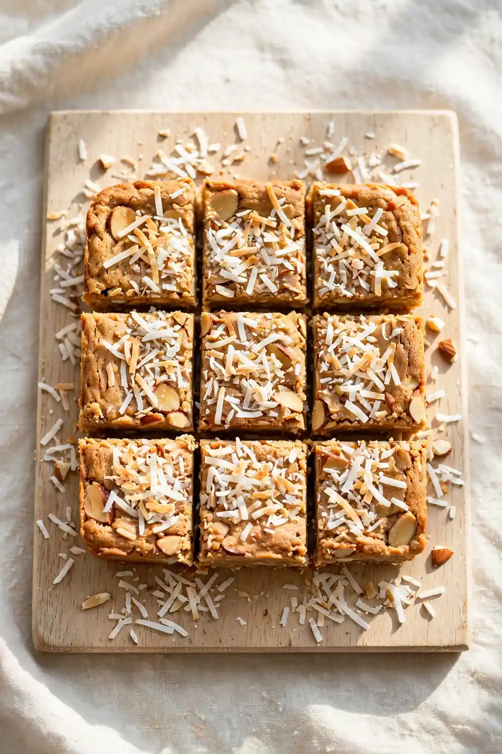 Almond butter protein bars with shredded coconut on a wooden board