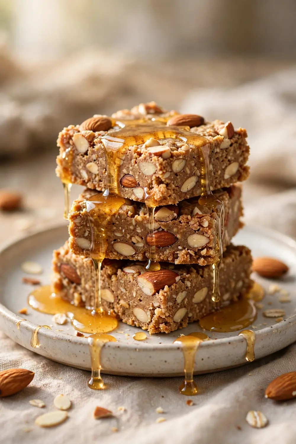 Almond butter protein bars drizzled with honey on a ceramic plate