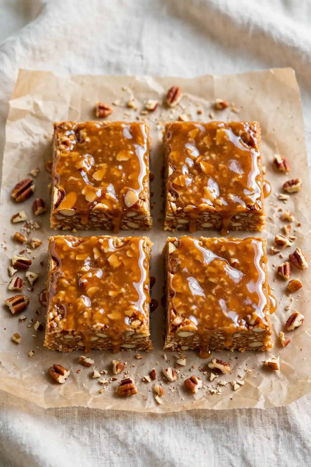 Almond butter protein bars with maple glaze on parchment paper