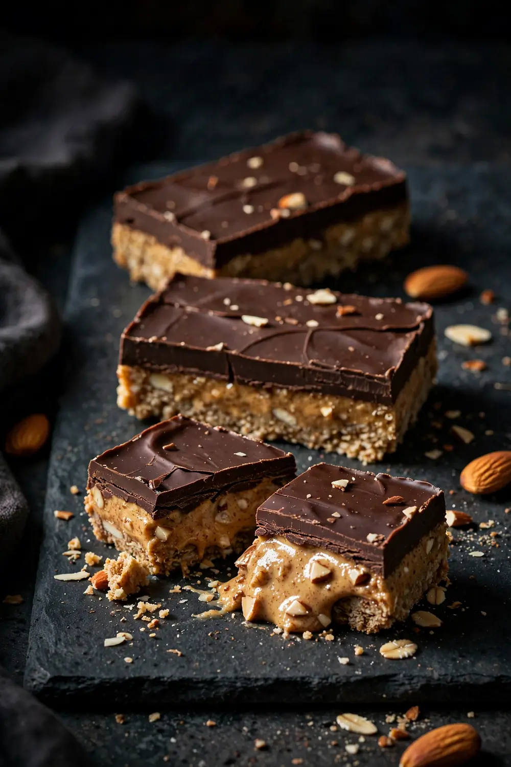 Almond butter protein bars with dark chocolate layer on slate