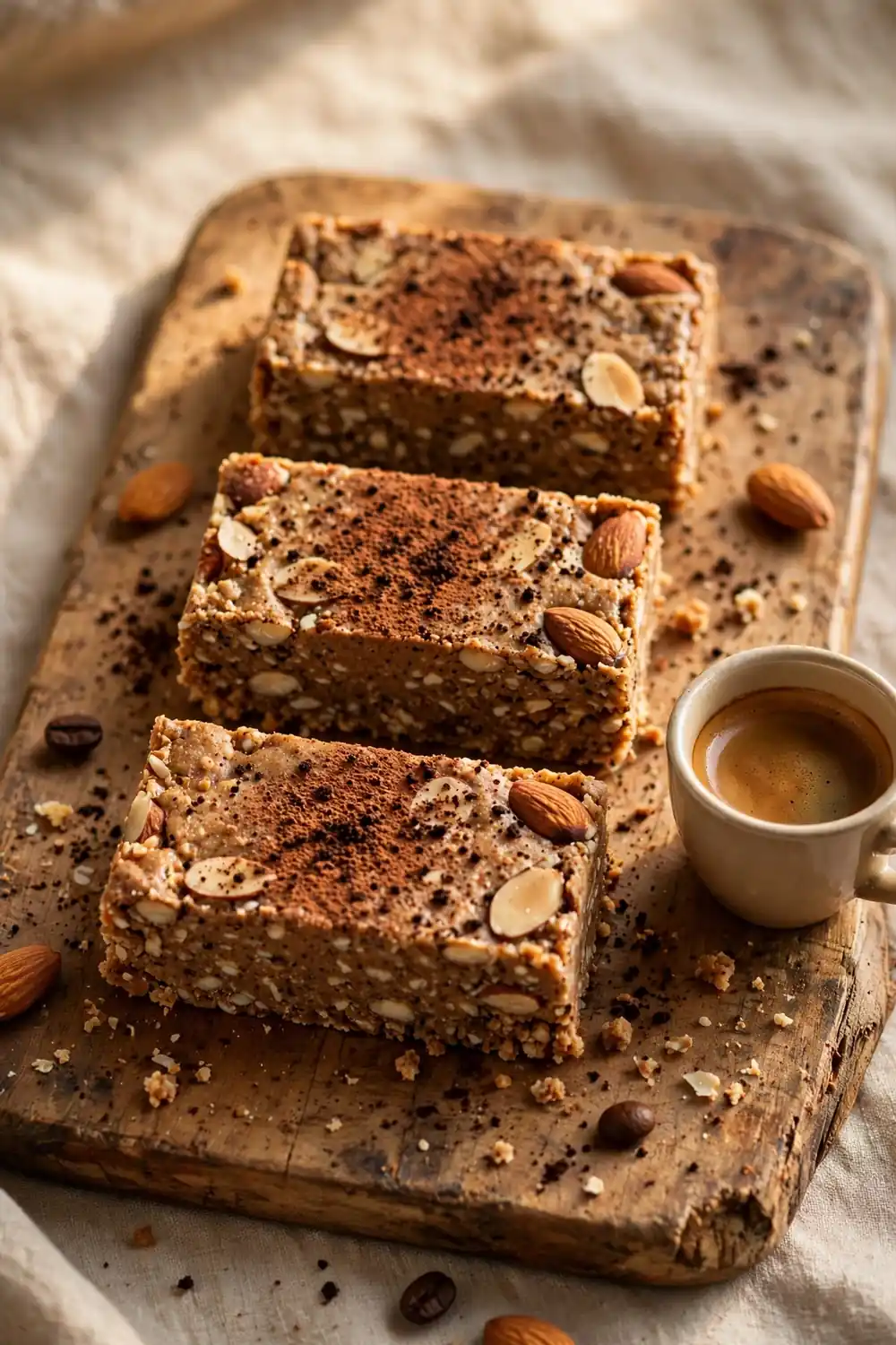 Almond butter protein bars with espresso and cocoa on a wooden board