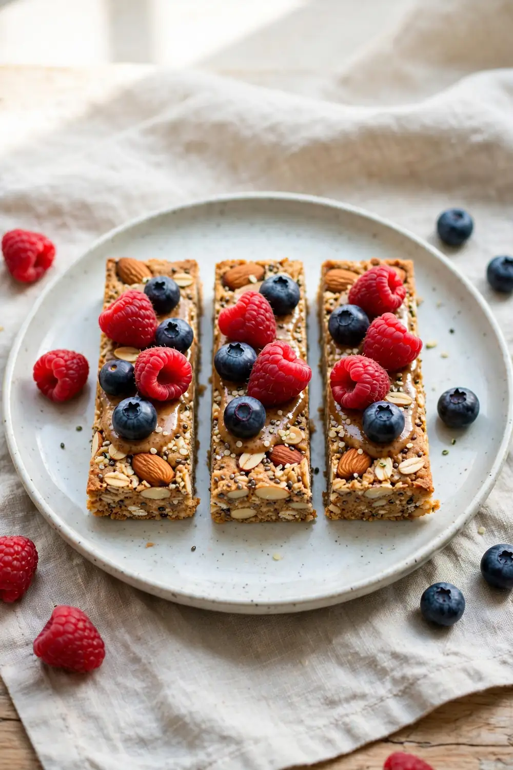 Almond butter protein bars topped with raspberries and blueberries