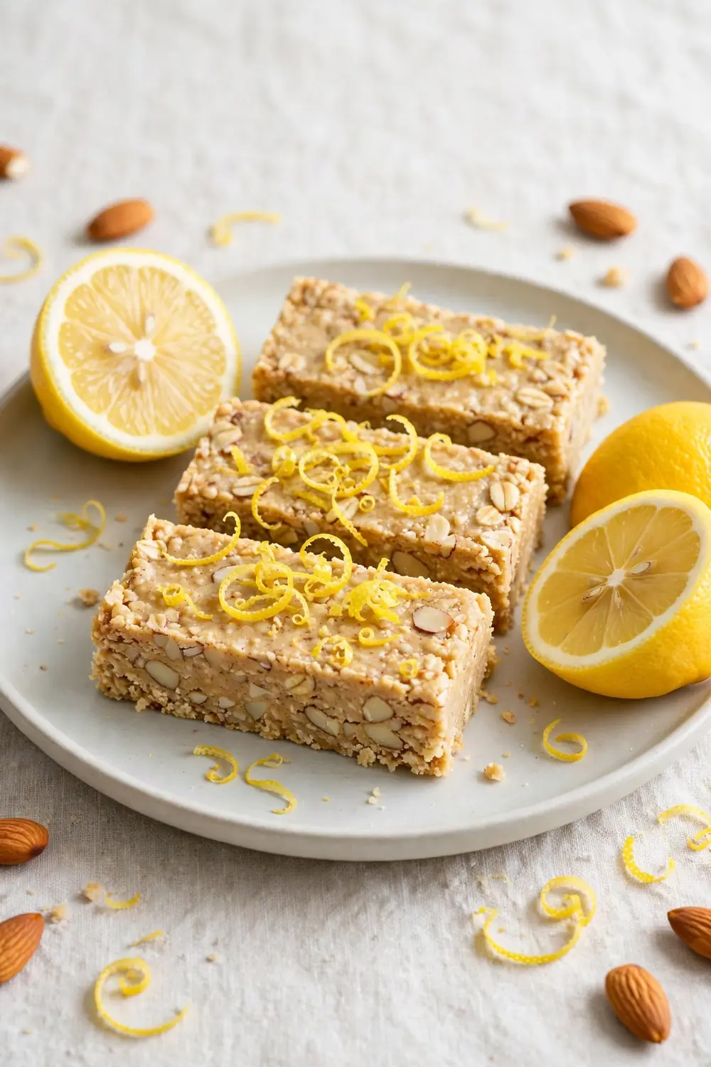 Almond butter protein bars with lemon zest on a light plate