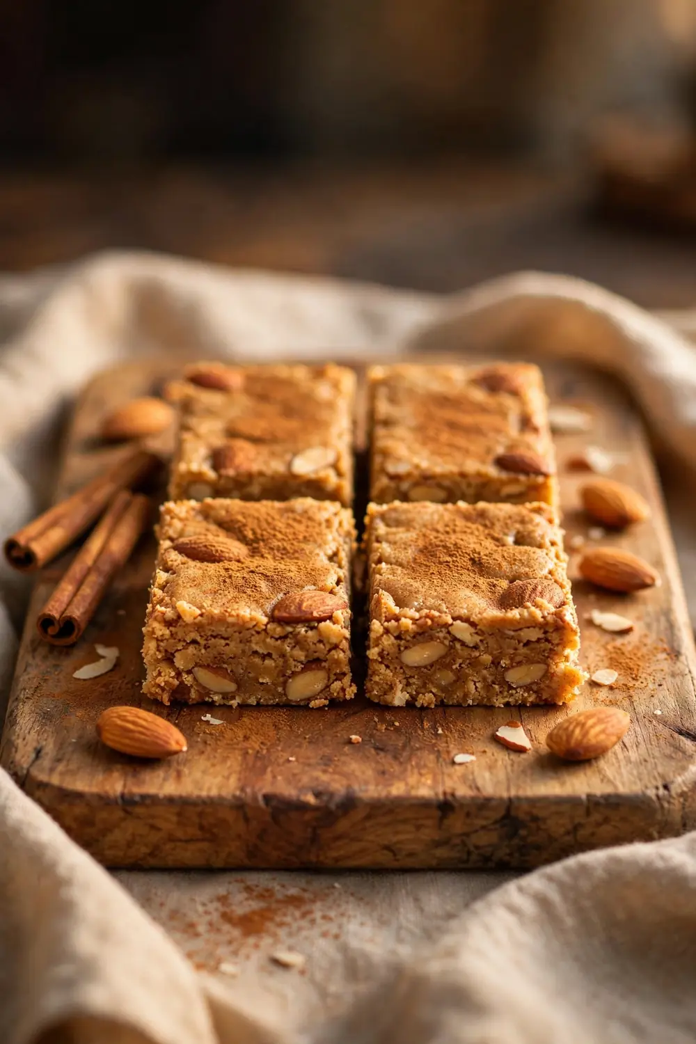 Almond butter protein bars dusted with cinnamon on a wooden board