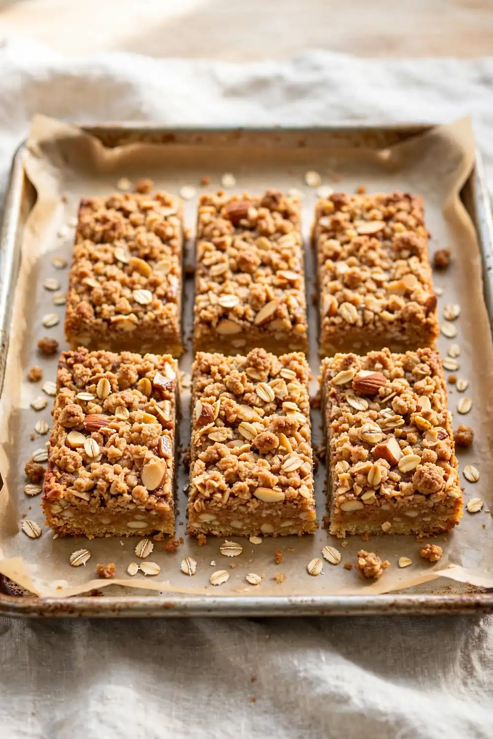 Almond butter protein bars with oat crumble topping on a baking tray