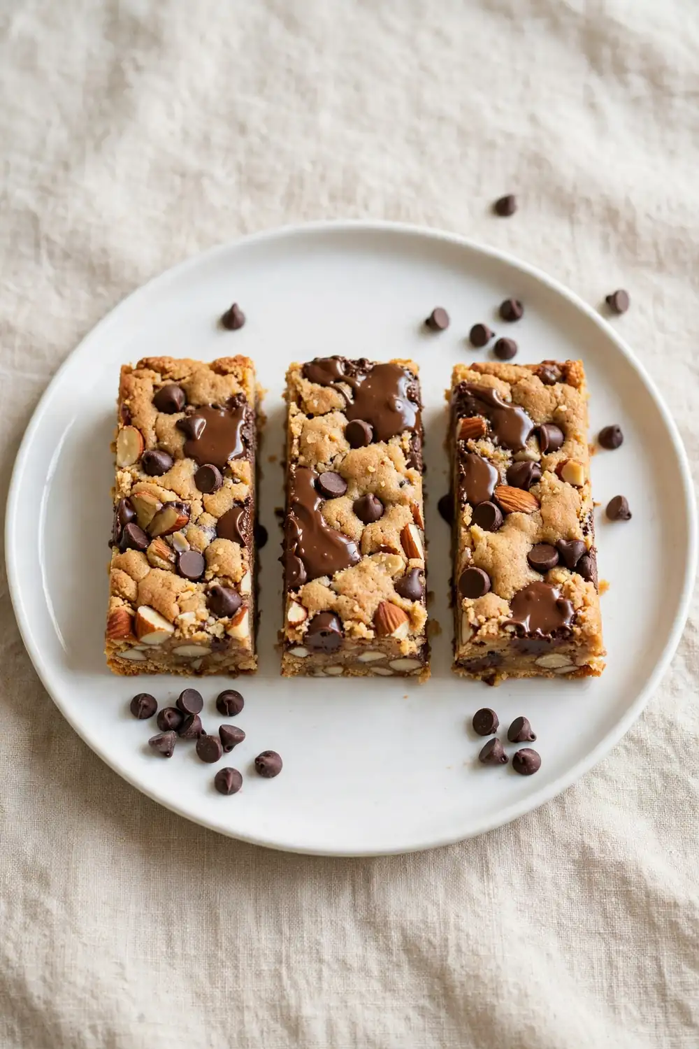 Almond butter protein bars with chocolate chips on a white plate