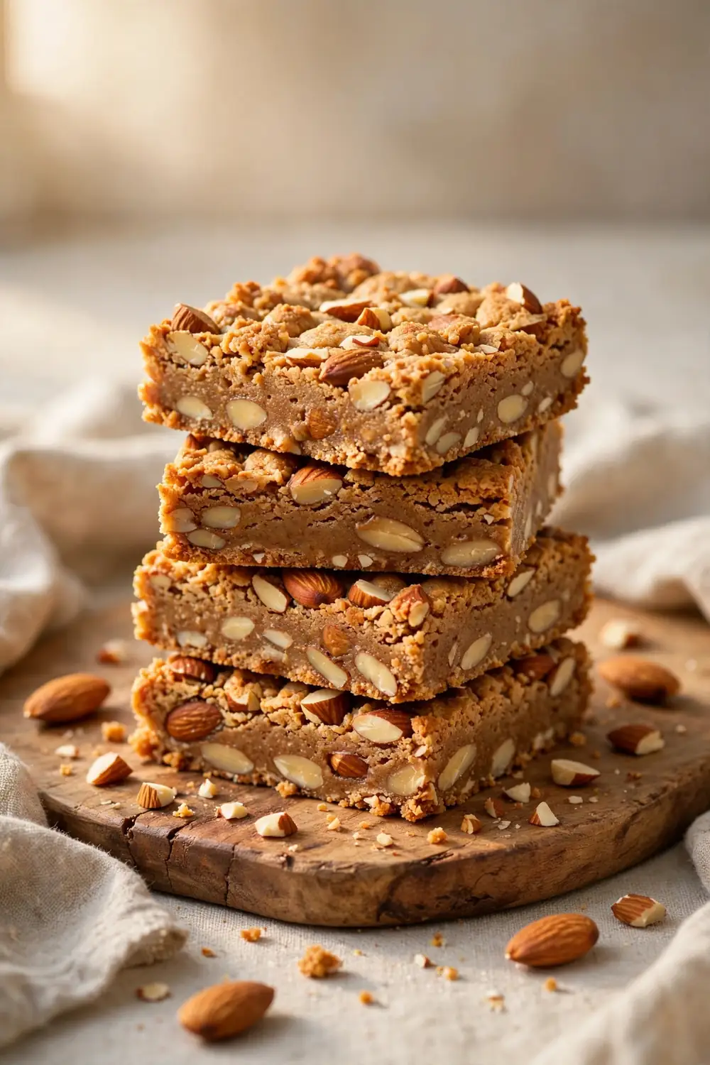 Almond butter protein bars with crunchy almond pieces stacked on a board