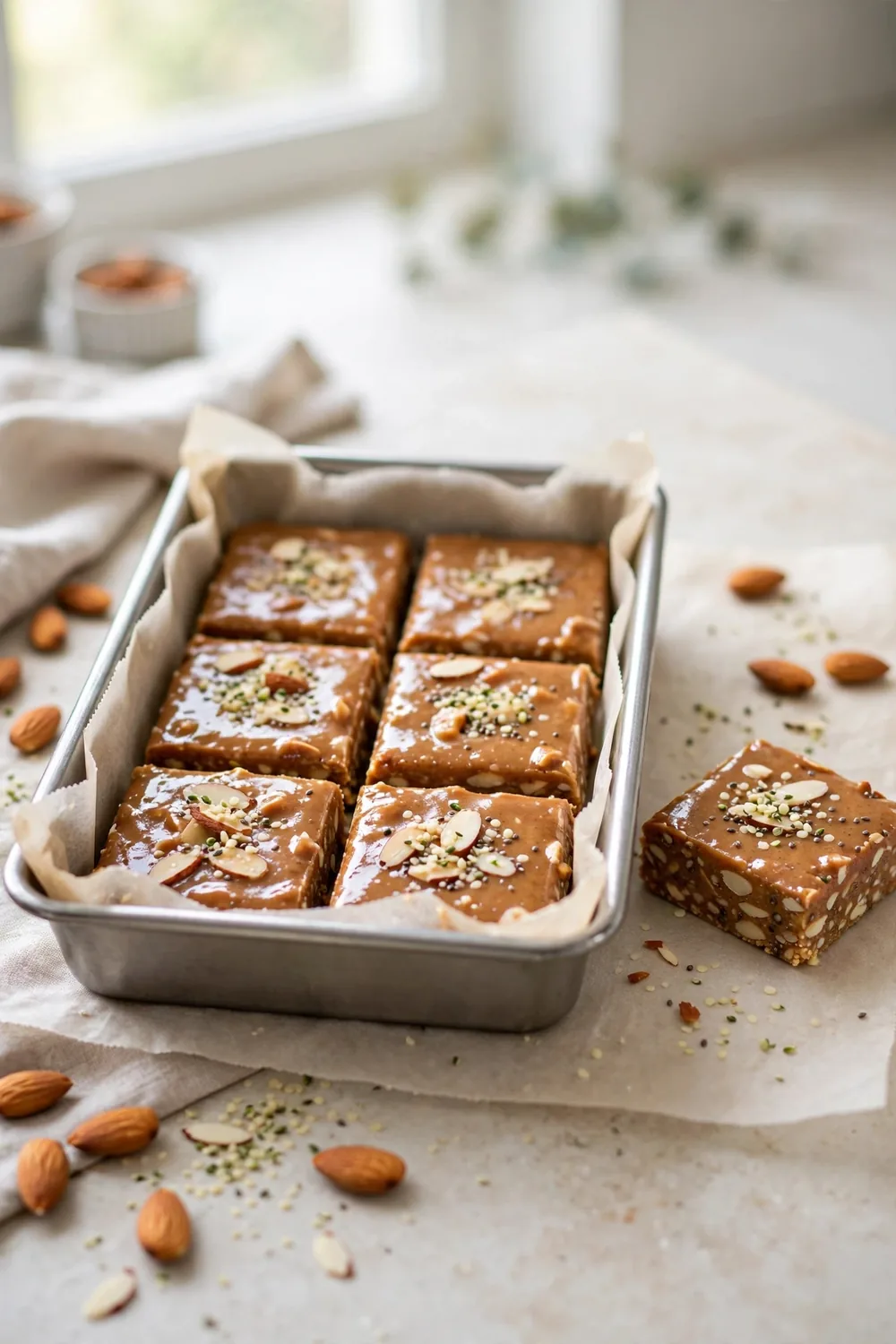 No bake almond butter protein bars in a parchment lined pan