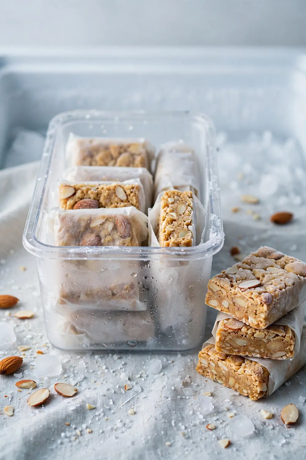 Almond butter protein bars stored in a freezer container