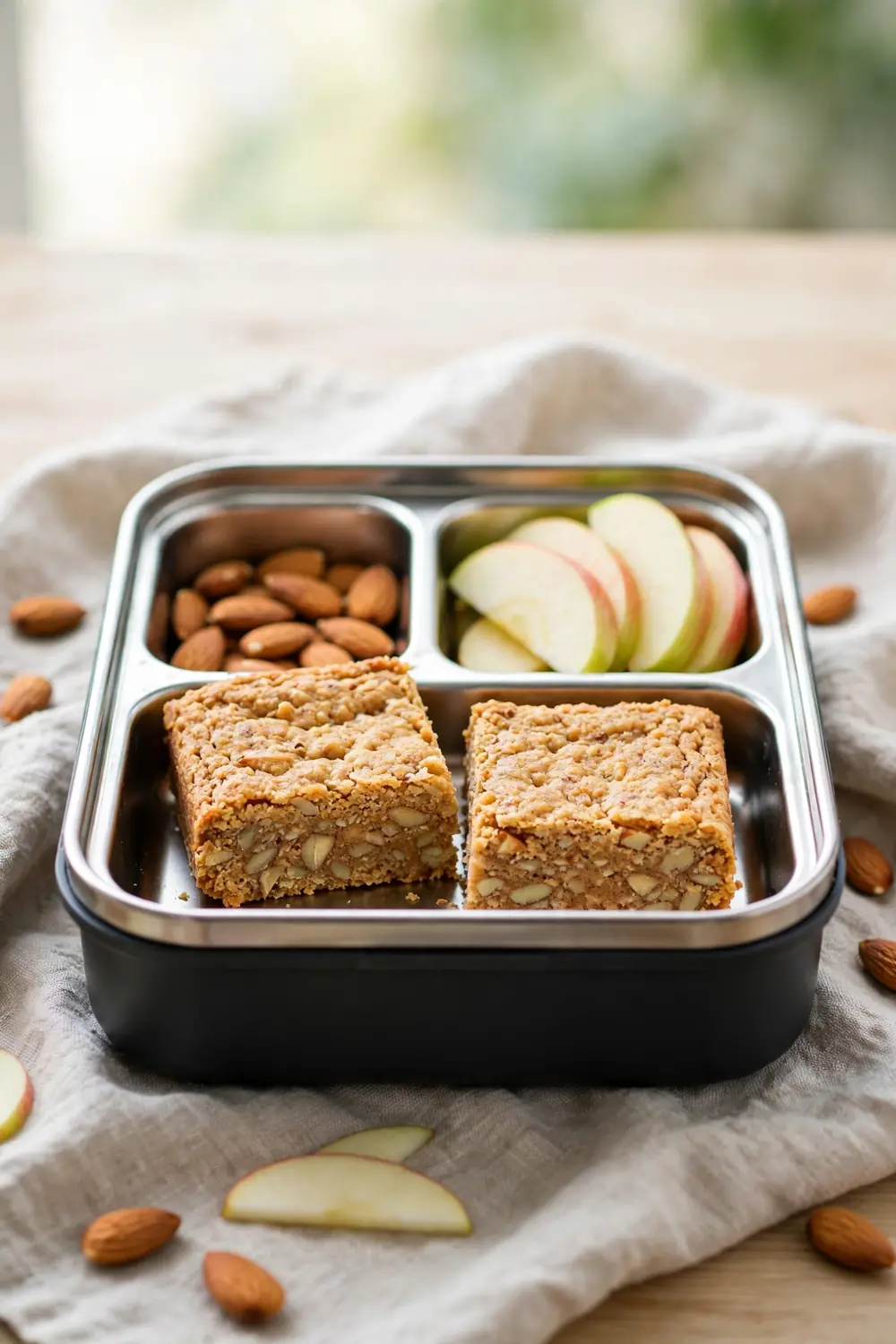 Almond butter protein bars packed in a lunchbox with apple slices
