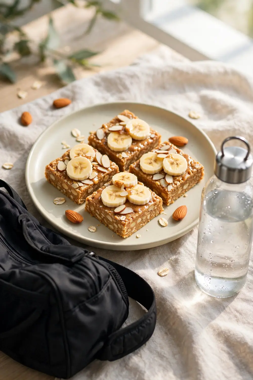 Almond butter protein bars beside a water bottle and gym bag