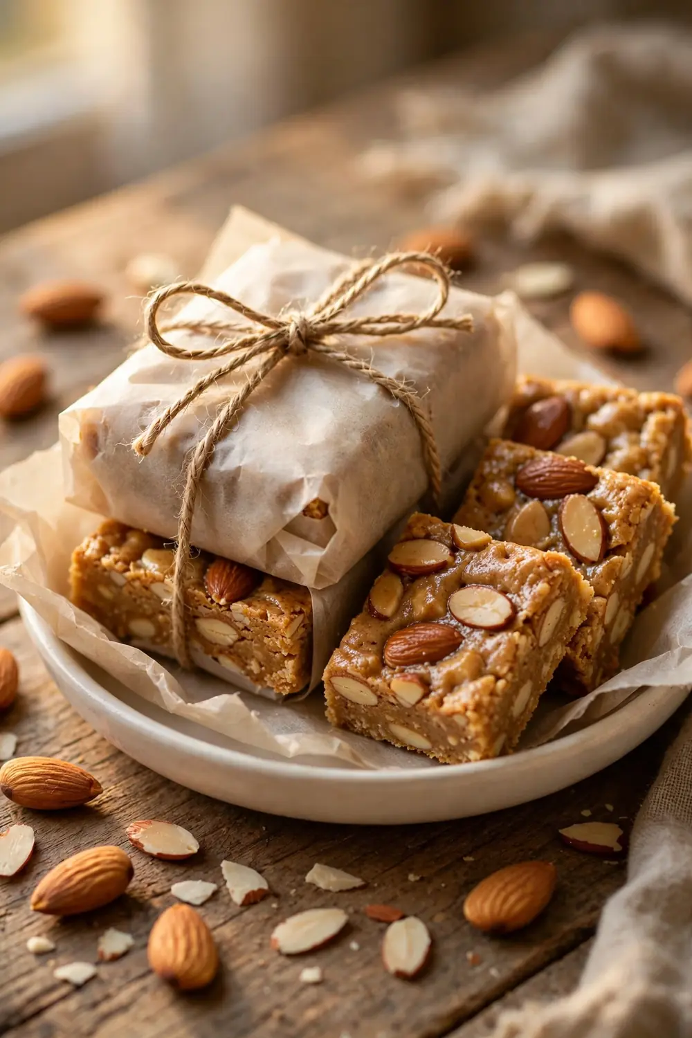 Almond butter protein bars wrapped in parchment tied with twine
