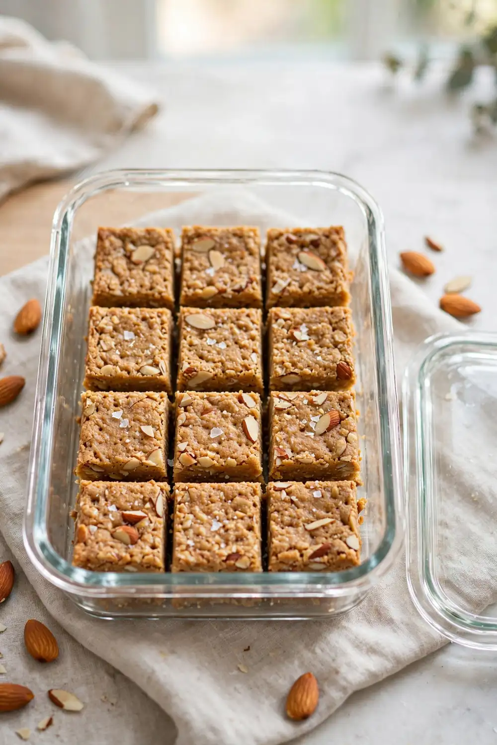 Almond butter protein bars arranged in a glass meal prep container