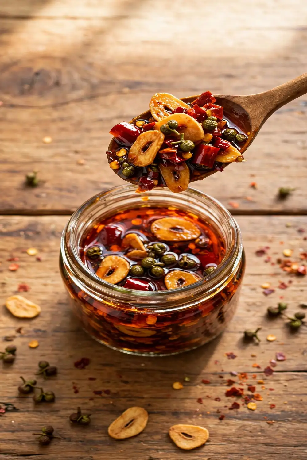 Chili crisp condiment in a glass jar with red oil, crisp flakes, and golden garlic chips