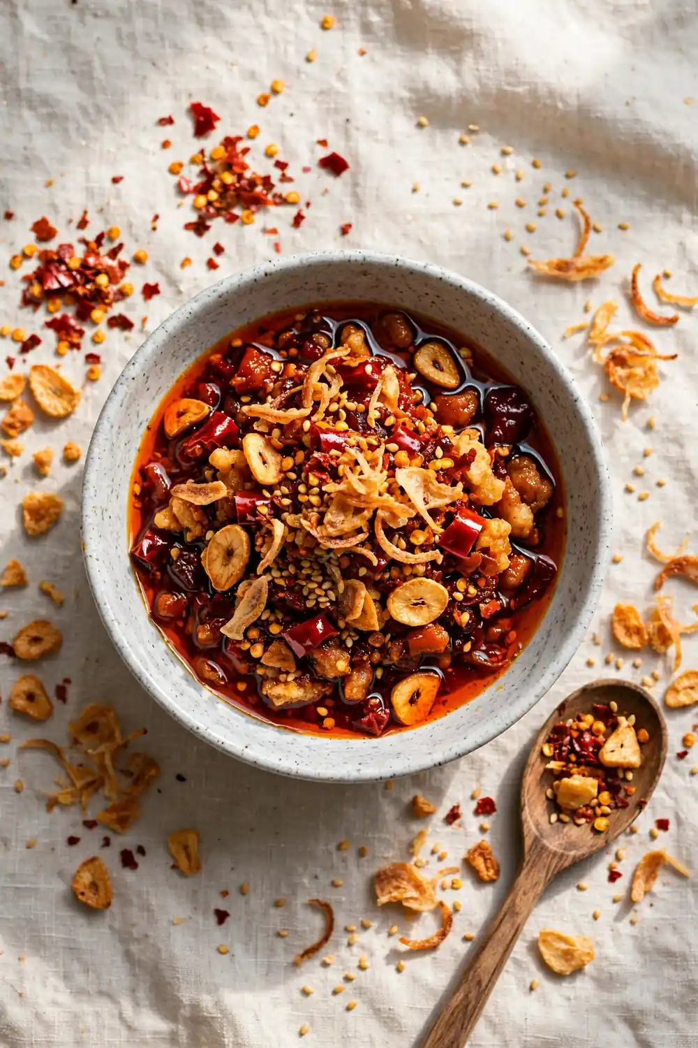 Extra crunchy chili crisp in a bowl with golden fried garlic, shallots, and sesame seeds
